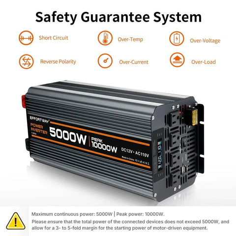 Heavy-Duty 5000W DC 12V To 110V Inverter For Off-Grid Camping And RV Use, 10000W Peak, LCD Display, safety features shown
