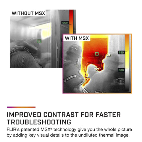 Comparison of thermal images without and with MSX feature, highlighting improved detail in the K2 Compact Thermal Imaging Camera With MSX And Multi Spectral Dynamic Imaging For Firefighters, Lightweight And Easy To Use, Attaches To Turnouts, One Button Operation, Operates Up To 500 Degrees Fahrenheit, Affordable High Quality Thermal Vision