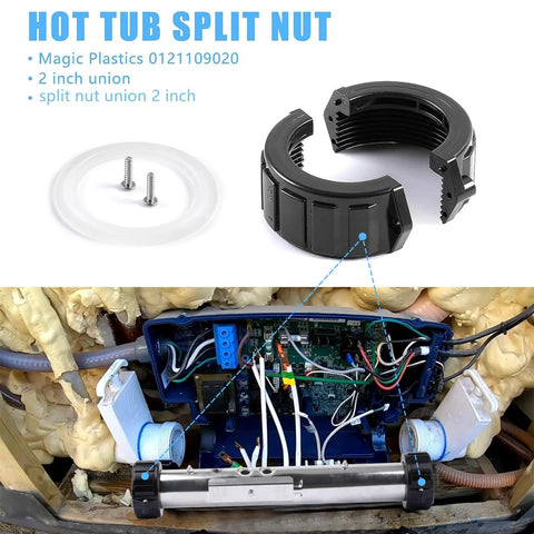 Fuoequl hot tub split nut, two-piece 2-inch fitting with white gasket and screws, installed on heater assembly