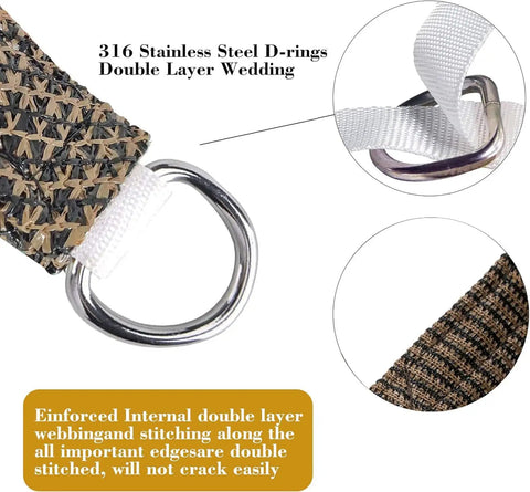 Close-up of stainless steel D-ring and stitching on Brown Rectangle Sun Shade Sail Canopy, 16 Ft By 20 Ft, Durable Virgin Polyethylene Fabric That Blocks Up To 95 Percent Of UV Rays And 90 Percent Of Visible Light, Curved Edges To Prevent Sagging, Custom Size Options.