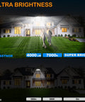 Lit Solar Motion Sensor Flood Lights Outdoor 4000LM illuminating a house front yard at night, showing brightness contrast.