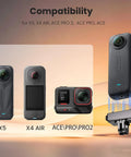 Hella Tight Magnetic Quick Release Adapter With Mechanical Lock And Quarter Inch Thread Compatible With Insta360 X5 X4 Air Ace Pro 2 showing camera compatibility.