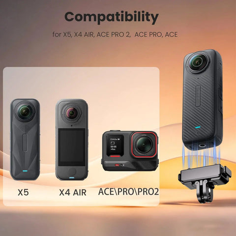 Hella Tight Magnetic Quick Release Adapter With Mechanical Lock And Quarter Inch Thread Compatible With Insta360 X5 X4 Air Ace Pro 2 showing camera compatibility.