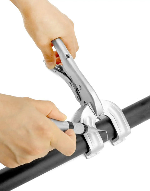 Beefy 9 Inch Locking Pliers Set For Welding And Metalwork 4 Pack Quick Lock Release Clamps With Adjustable Tension in use on pipe