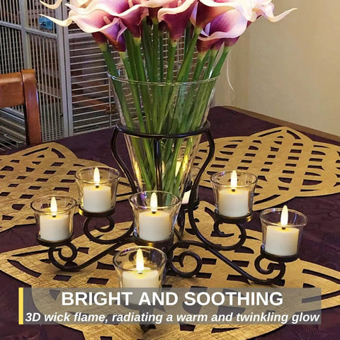 Flameless Rechargeable Tea Lights With Remote Timer LED Battery Operated Flickering Candles on a decorative table centerpiece