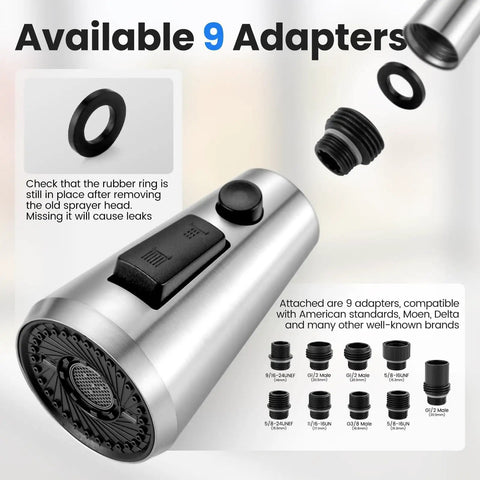 Top Shelf Pull Down Faucet Sprayer Head Replacement Heavy Duty Rust Resistant Stainless Steel With Nine Quick Snap Adapters for easy kitchen sink swaps.
