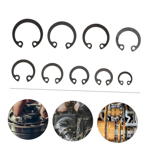 100 Piece External Snap Ring Set For Shafts And Machinery Sturdy Steel Circlips Assortment shown with mechanical components