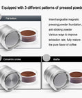 Heavy Duty Electric Espresso Tamper Game Changer With 16 Adjustable Pressure Levels Auto Compresses 58mm Portafilter Locks In Your Perfect Shot Daily Black Finish with pressed powder patterns.