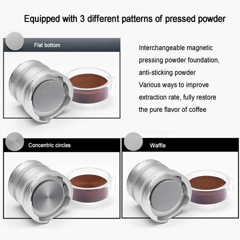 Heavy Duty Electric Espresso Tamper Game Changer With 16 Adjustable Pressure Levels Auto Compresses 58mm Portafilter Locks In Your Perfect Shot Daily Black Finish with pressed powder patterns.