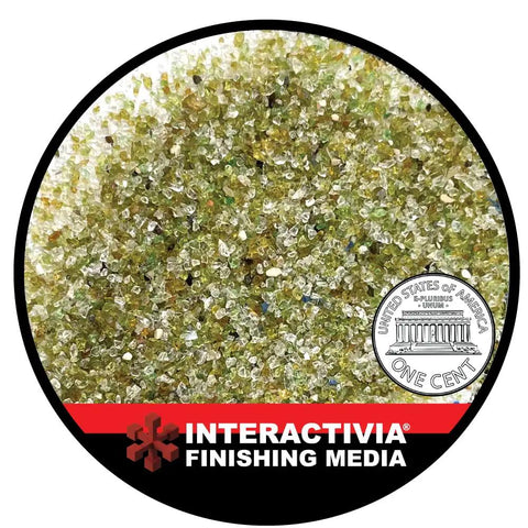 20-30 Grit Crushed Glass Abrasive For Sand Blasting And Cabinet Use, Mesh 25, 940 To 559 Microns, 19 Lb, bulk view with coin for scale