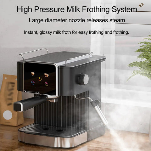 Pro Grade Semi Automatic Espresso Machine With Slick Touchscreen And Large Tank To Brew At Home, showing high pressure milk frothing system.