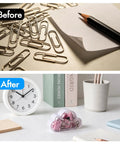 Before and after desk organized with 12 Pack Cloud Paperclip Holder With Snug Lid Mini Plastic Desk Organizer For Paper Clips