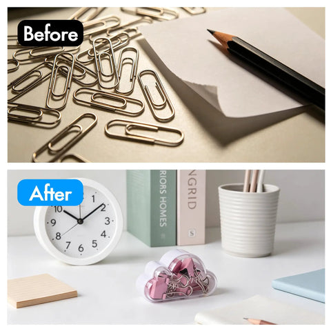 Before and after desk organized with 12 Pack Cloud Paperclip Holder With Snug Lid Mini Plastic Desk Organizer For Paper Clips