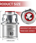 Premium 3/8 Inch MC Cable Connectors 25 Pack Top Shelf Zinc Die Cast with size details for knockout and trade dimensions.
