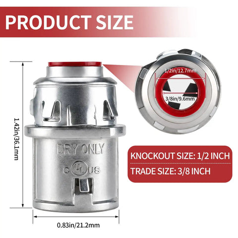 Premium 3/8 Inch MC Cable Connectors 25 Pack Top Shelf Zinc Die Cast with size details for knockout and trade dimensions.