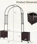 Metal Garden Arch Trellis Arbor With Two Self Watering Planter Boxes showing dimensions and design features