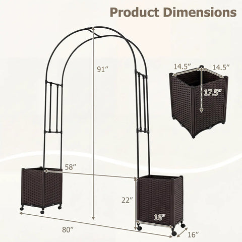 Metal Garden Arch Trellis Arbor With Two Self Watering Planter Boxes showing dimensions and design features