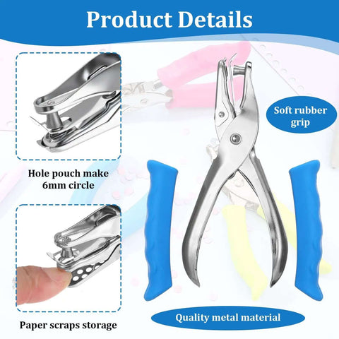 12 Piece Handheld One Quarter Inch Hole Punch Set with grip handles, featuring a 6mm circle punch and soft rubber grip for easy crafting.