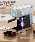 Premium Espresso Maker With Solid 20 Bar Pump And Quick Milk Frother For Silky Lattes Or Cold Brew Featuring Compact Stainless Steel Housing with drip tray and water tank.