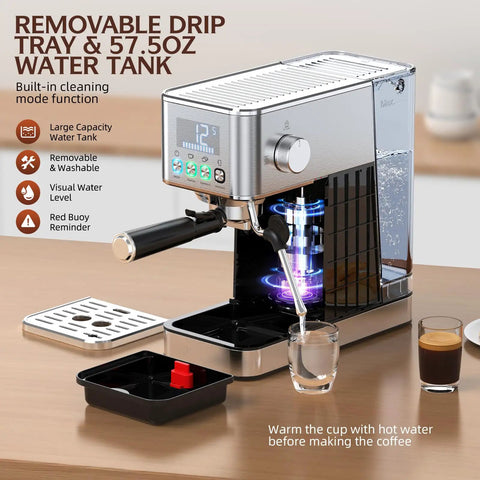 Premium Espresso Maker With Solid 20 Bar Pump And Quick Milk Frother For Silky Lattes Or Cold Brew Featuring Compact Stainless Steel Housing with drip tray and water tank.