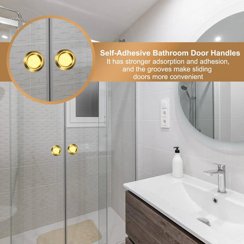 Round Glass Sliding Door Handles Set In 304 Stainless Steel Back To Back For Shower Balcony Office And Cabinet Doors With Adhesive Stickers Gold Finish Easy Install No Drill, 58mm