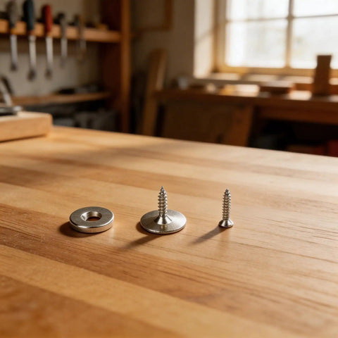 Heavy Duty Magnetic Door Catch And Latch For Kitchen Cabinets And Closets Stainless Steel Closure components on wooden surface