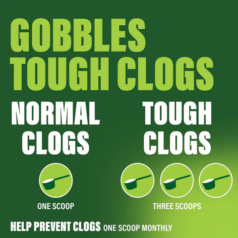 Instructions for using Drain Clog Remover Powder For Kitchen And Bath, breaks up grease paper fat and oil, septic safe.