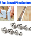 Eight Piece Dowel And Tenon Center Transfer Plugs Set For Woodworking with heavy-duty steel alignment pins and chrome finish