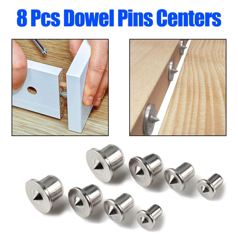 Eight Piece Dowel And Tenon Center Transfer Plugs Set For Woodworking with heavy-duty steel alignment pins and chrome finish