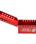 USA Made Portable Steel Group Lockout Tagout Box for Lockouts and Keys, red, open lid showing padlock slots, OSHA compliant