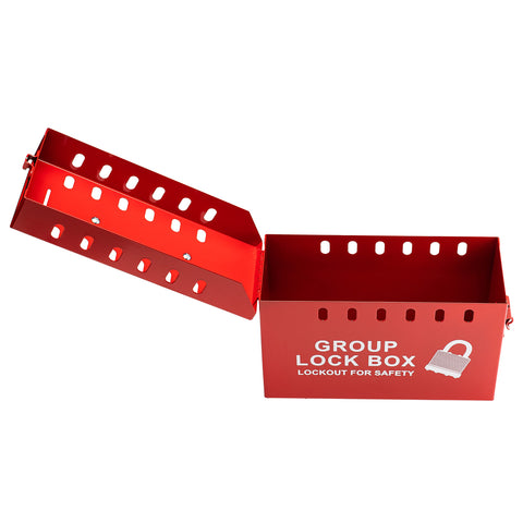 USA Made Portable Steel Group Lockout Tagout Box for Lockouts and Keys, red, open lid showing padlock slots, OSHA compliant
