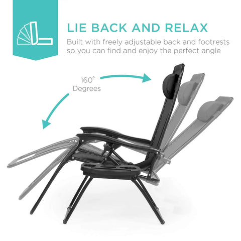 Set Of 2 Adjustable Zero Gravity Lounge Chairs With Steel Mesh, Pillows, And Cup Holder Trays shown in reclining positions, Black.
