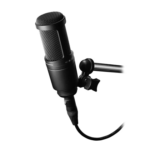 Close-up of AT2020 Cardioid Condenser Studio Microphone For Project And Home Studio Setup XLR Connector High SPL Handling