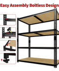 Beefy Four Tier Garage Storage Shelves With 2560 Lb Capacity 640 Lb Per Shelf 48 Inches Wide 24 Inches Deep 60 Inches High Heavy Duty Steel Frame And Thick MDF Shelves For Tools Bins And Bulk Storage, easy assembly boltless design