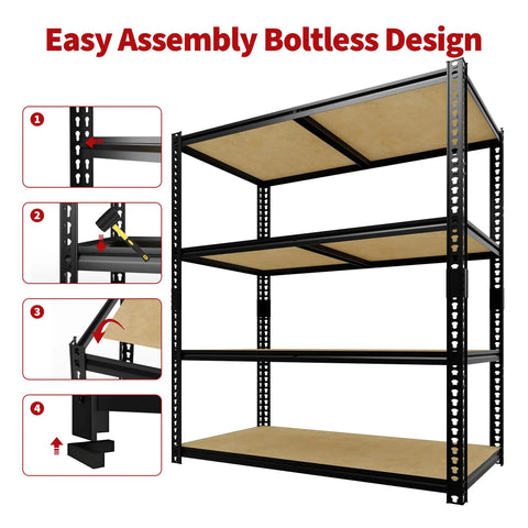 Beefy Four Tier Garage Storage Shelves With 2560 Lb Capacity 640 Lb Per Shelf 48 Inches Wide 24 Inches Deep 60 Inches High Heavy Duty Steel Frame And Thick MDF Shelves For Tools Bins And Bulk Storage, easy assembly boltless design