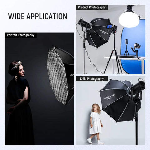 Octagonal Softbox Kit 35 Inch By 90 Cm With Bowens Mount For Studio Photography And Video Streaming Includes Grid Diffusers And Carry Bag Quick Release System For Continuous Lighting Strobe And Flash Pro Grade Gear in use for portrait and product photography.