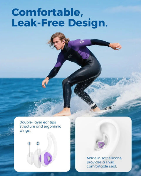 Swimmer surfing wearing Swim Ear Plugs For Adults Silicone Reusable Waterproof With Custom Fit for pool and beach activities.