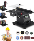 Badass Compact Four In One Mini Table Saw With LED Voltage Display, showing sanding belts and various tools for crafters.