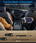 Hella Fast 48W USB C Car Charger With Slick Coiled Cable For Samsung And Apple Devices PD 3.0 QC 3.0 in car with stretched cable.