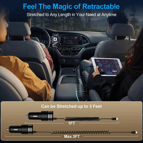 Hella Fast 48W USB C Car Charger With Slick Coiled Cable For Samsung And Apple Devices PD 3.0 QC 3.0 in car with stretched cable.