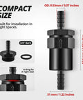 Diagram of 3/8 Inch Billet Inline Fuel Filter, 30 Micron Aluminum Black, Compact 2.07 Inch Housing For Car EFI And Carb Fuel Systems