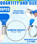 10 Pack 1-1/2 Inch Beefy Stainless Steel Hose Clamps for PVC Tubing and Pool Backwash, showing size and installations detail.