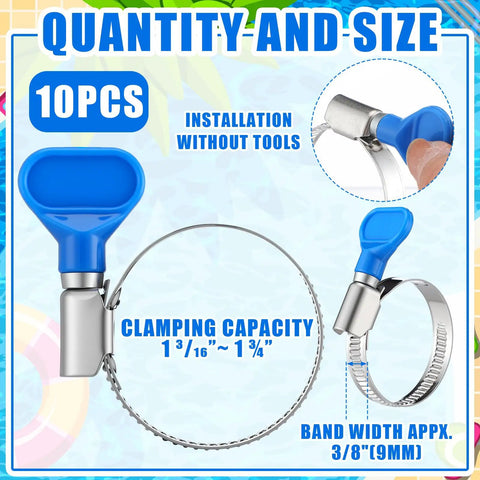 10 Pack 1-1/2 Inch Beefy Stainless Steel Hose Clamps for PVC Tubing and Pool Backwash, showing size and installations detail.