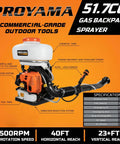 51.7cc 3 In 1 Gas Powered Backpack Sprayer with 3.7 Gallon Tank, showing chemical and fuel tanks with vibration dampening harness