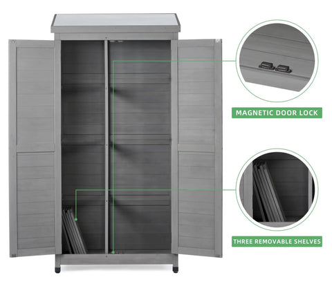 Outdoor Cedar Wood Storage Shed With Metal Top Built To Last Tall Vertical Tool Cabinet For Backyard Garden Patio And Lawn Weather Resistant 68 By 33 By 20 Inches Large Capacity For Tools And Gear Grey with open doors showing interior and shelves.