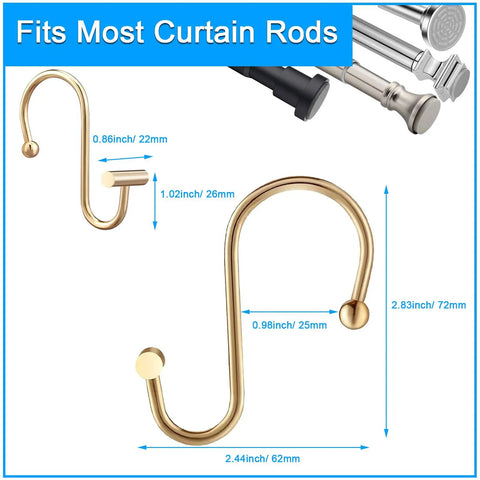 Decorative Brushed Gold Shower Curtain Hooks 12 Pack Rust Resistant Metal Hangers For Bathroom with Easy Glide Rings and T Shape Design