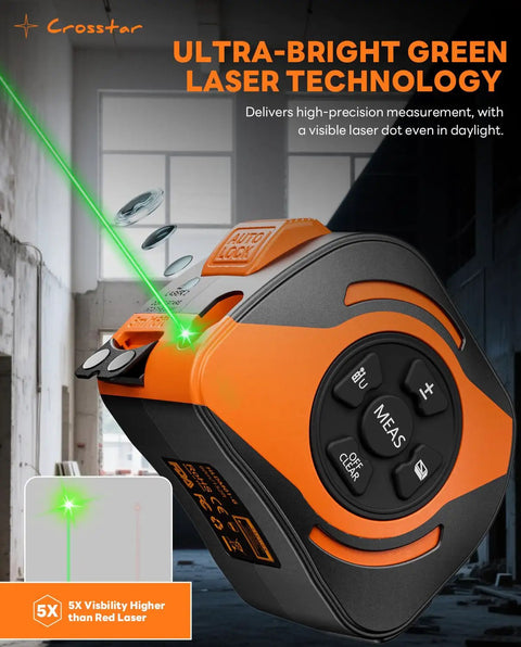 Built Tough 2 In 1 Laser Tape Measure With 197 Foot Range And Bright Green Beam Paired With A Spiffy 16 Foot Dual Sided Manual Tape Featuring Anti Reflective Matte Surface For Crack Free Sight Lines And Serious Job Site Precision
