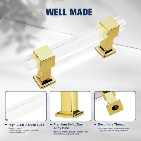 10 Pack 3 Inch Center To Center Cabinet Handles With Clear Acrylic Square Tube And Gold Finish Zinc Alloy Base for kitchen cabinets