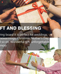 Gift boxes being exchanged; gold-wrapped present with red ribbon held between hands in a festive gift-giving scene.