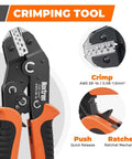Close-up of 5-In-1 Wire Crimping Tool Ratcheting Crimper showcasing crimping mechanism for AWG 28-16 terminals, orange handle grip.